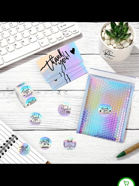 560 pieces  Holographic Bubble Mailers with Thank You Stickers & Cards NEW - Picture 3 of 5
